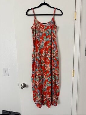 Tropical Red Floral Maxi Slip Dress with Adjustable Straps